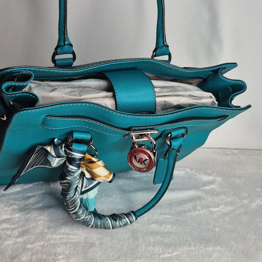 Michael Kors Hamilton Aqua/Turquoise Saffiano Satchel - Picture 11 of 17